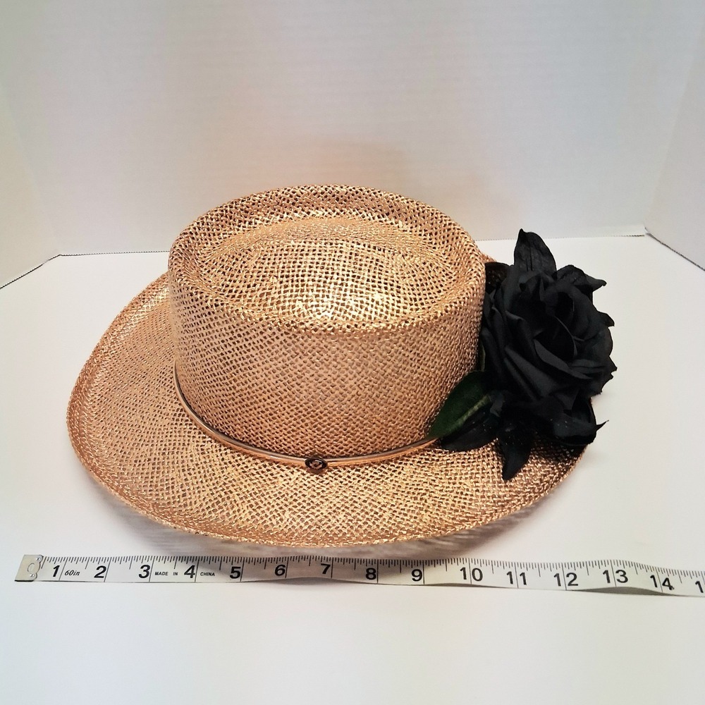 Y2K VTG Straw Boater Hat Gold Stiff Rigid Crown Black Flower Small/Medium EUC - Picture 5 of 12